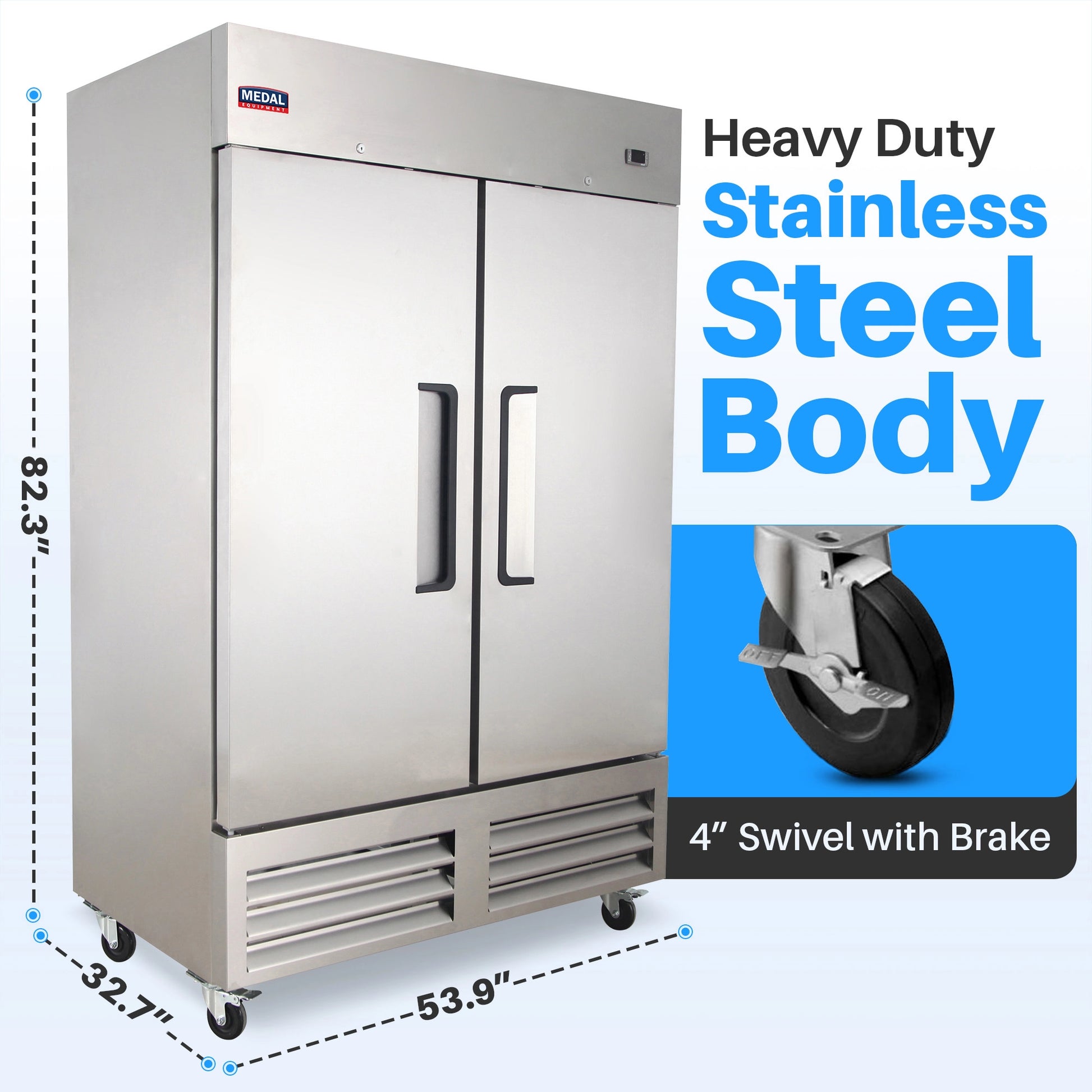Medal Equipment 54" Reach-In Refrigerator, 2 Doors, 49 cu.ft., Stainless Steel, 3 Year Warranty