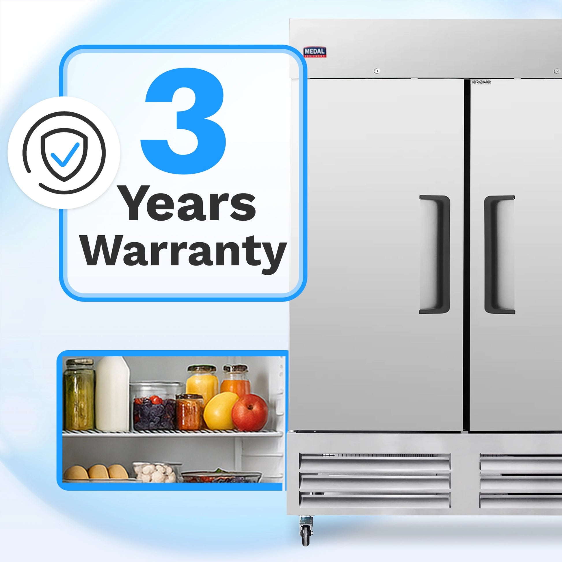 Medal Equipment 54" Reach-In Refrigerator, 2 Doors, 49 cu.ft., Stainless Steel, 3 Year Warranty