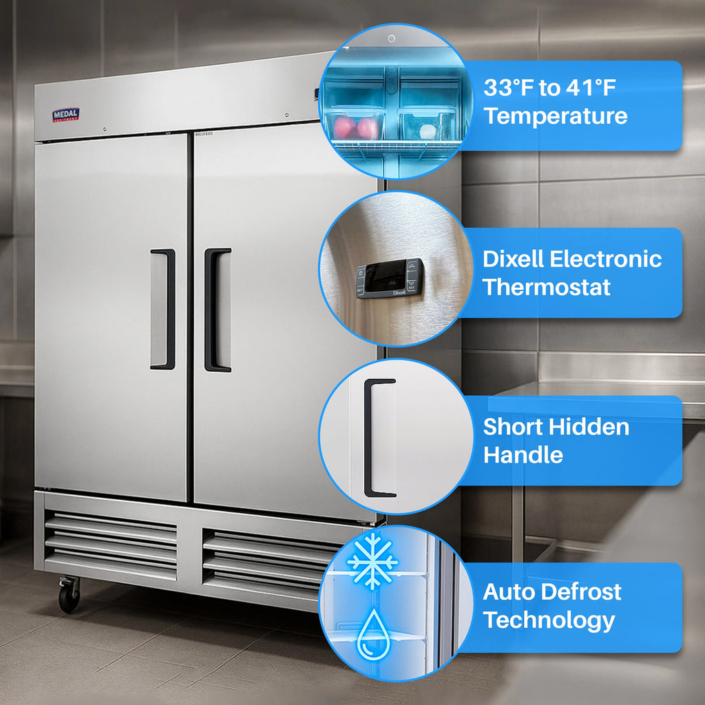 Medal Equipment 54" Reach-In Refrigerator, 2 Doors, 49 cu.ft., Stainless Steel, 3 Year Warranty