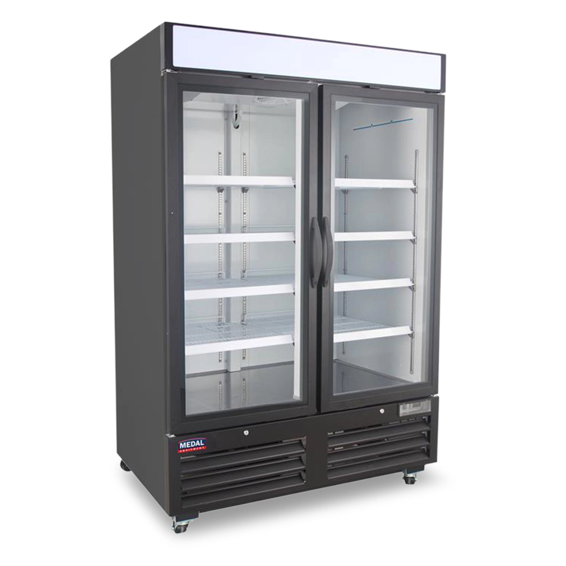 Medal Equipment 54" Reach-In Merchandiser Refrigerator, 2 Glass Doors, Black Powder Coated Steel, 3 Year Warranty