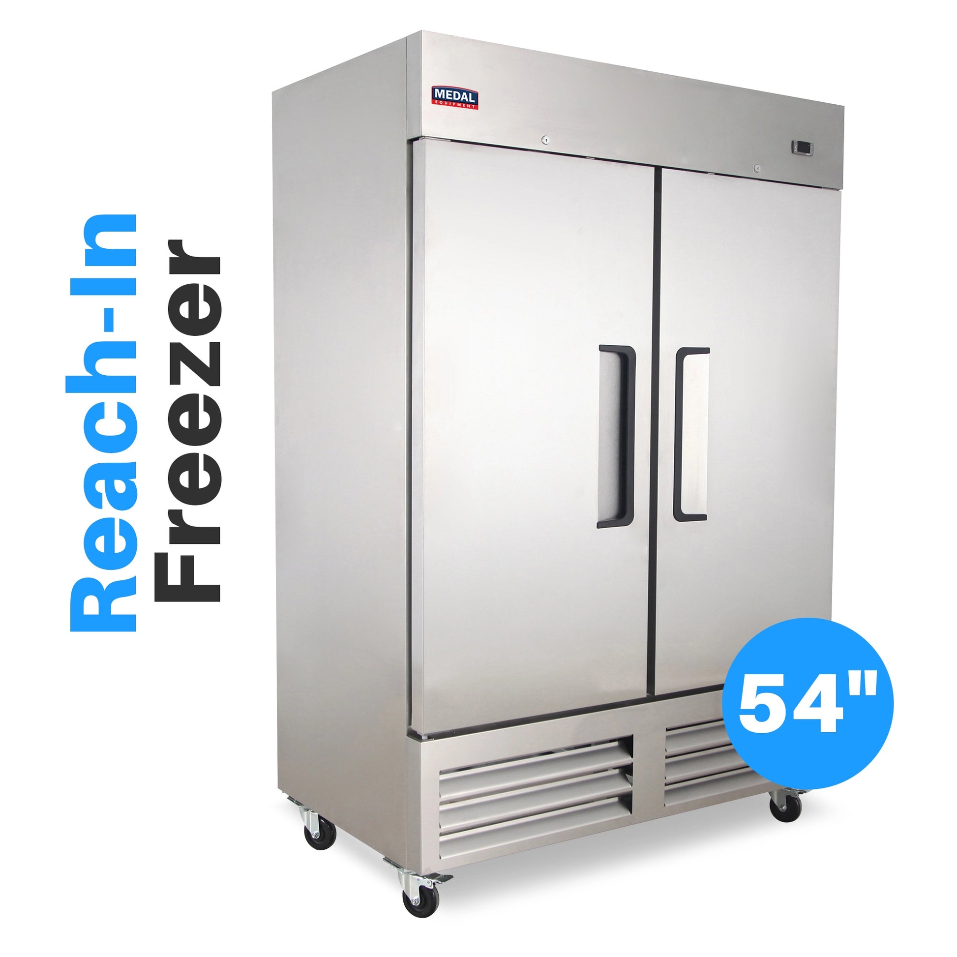 Medal Equipment 54" Reach-In Freezer, 2 Doors, 49 cu.ft., Stainless Steel, 3 Year Warranty
