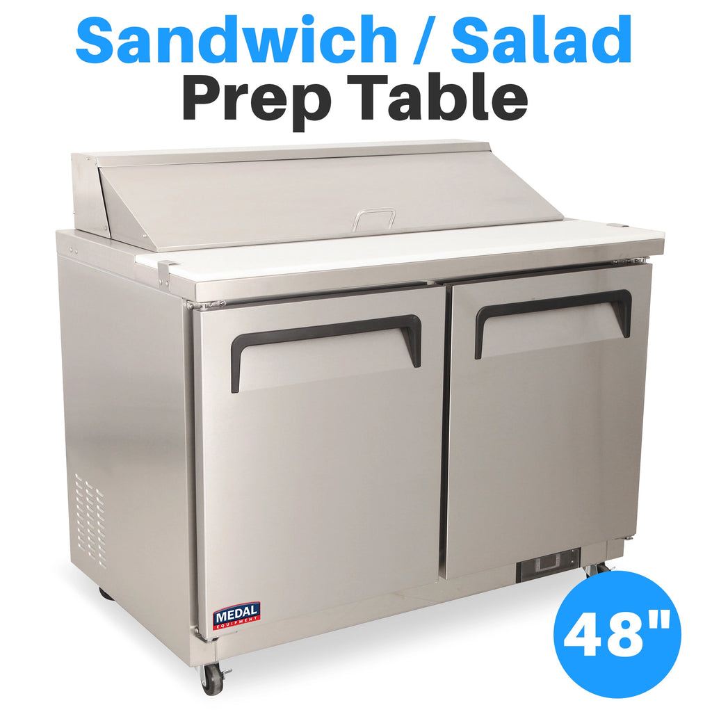 Medal Equipment 48" Sandwich / Salad Prep Table, 2 Doors, 12 Pans, Stainless Steel, 3 Year Warranty