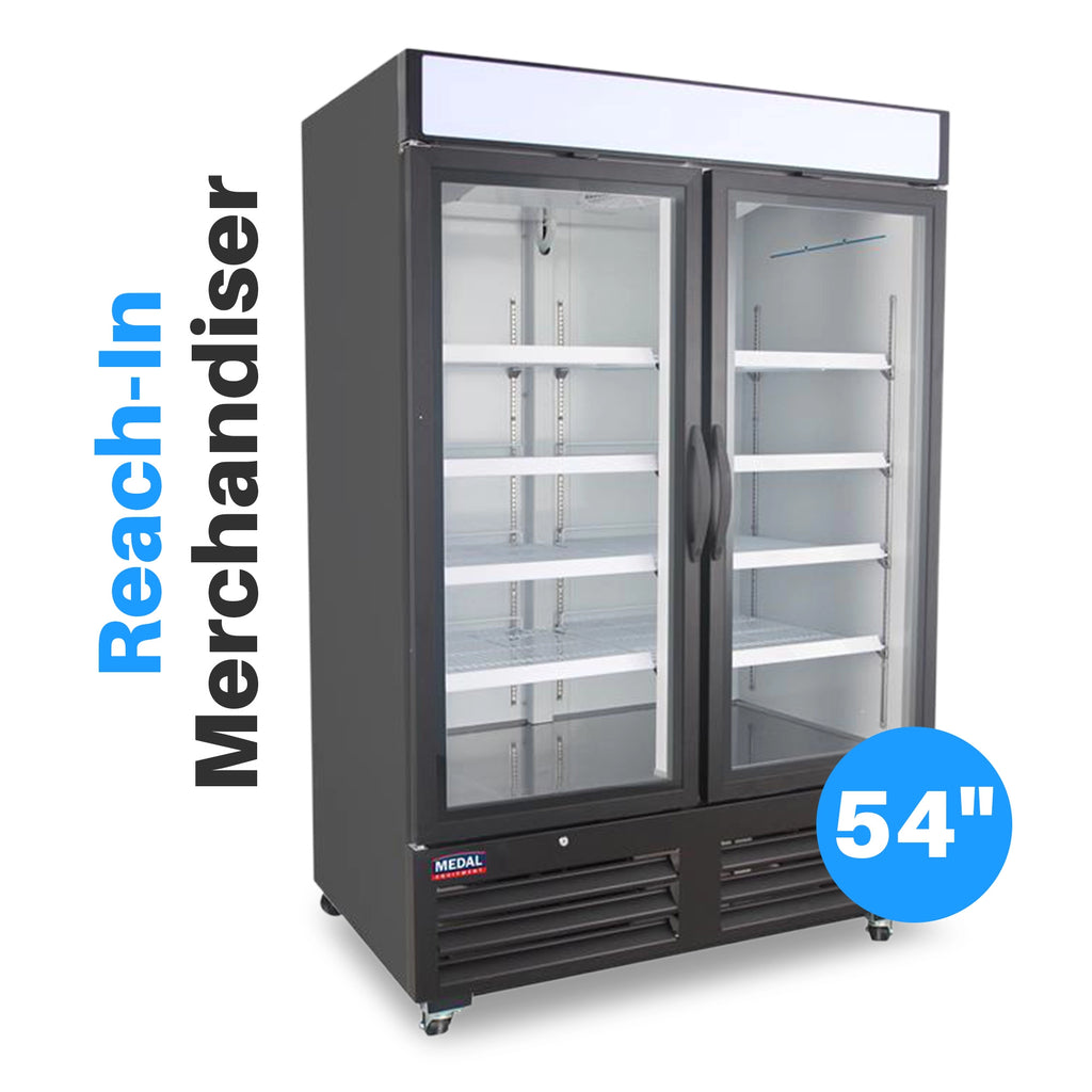 Medal Equipment 54" Reach-In Merchandiser Refrigerator, 2 Glass Doors, Black Powder Coated Steel, 3 Year Warranty