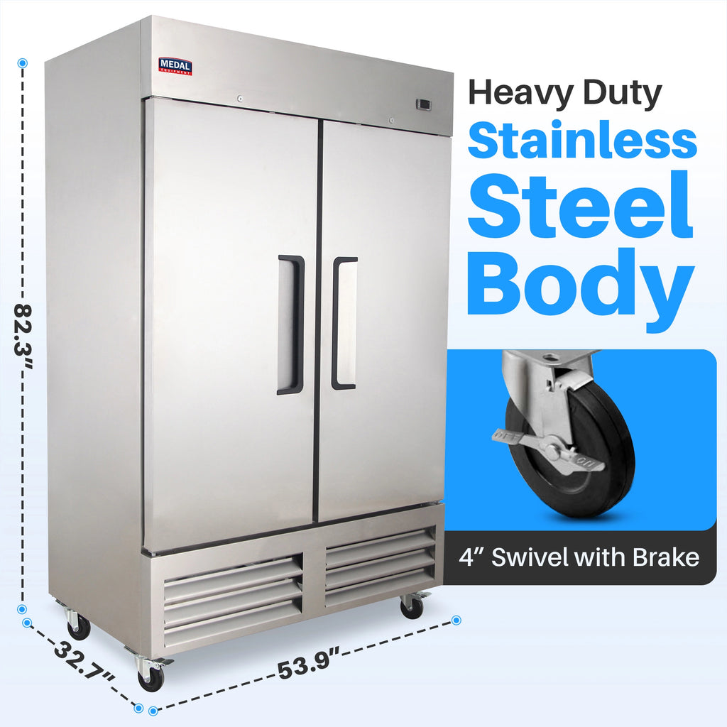 Medal Equipment 54" Reach-In Freezer, 2 Doors, 49 cu.ft., Stainless Steel, 3 Year Warranty