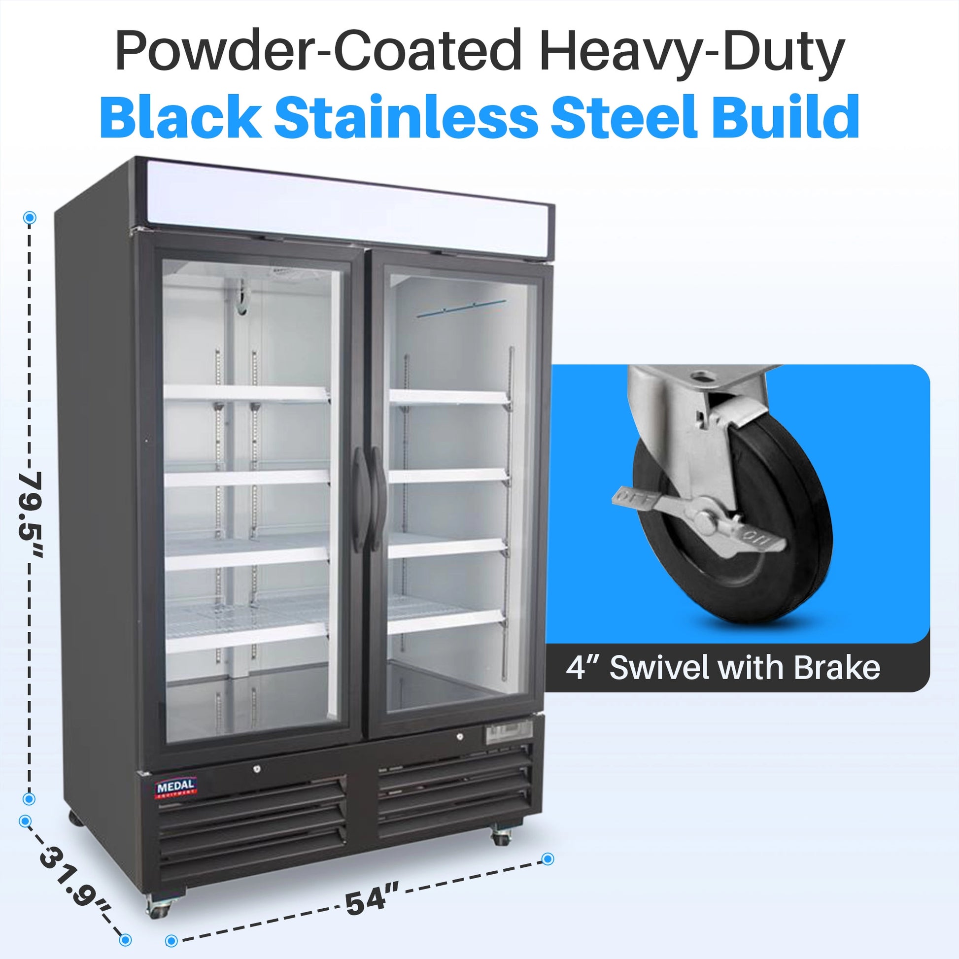 Medal Equipment 54" Reach-In Merchandiser Refrigerator, 2 Glass Doors, Black Powder Coated Steel, 3 Year Warranty