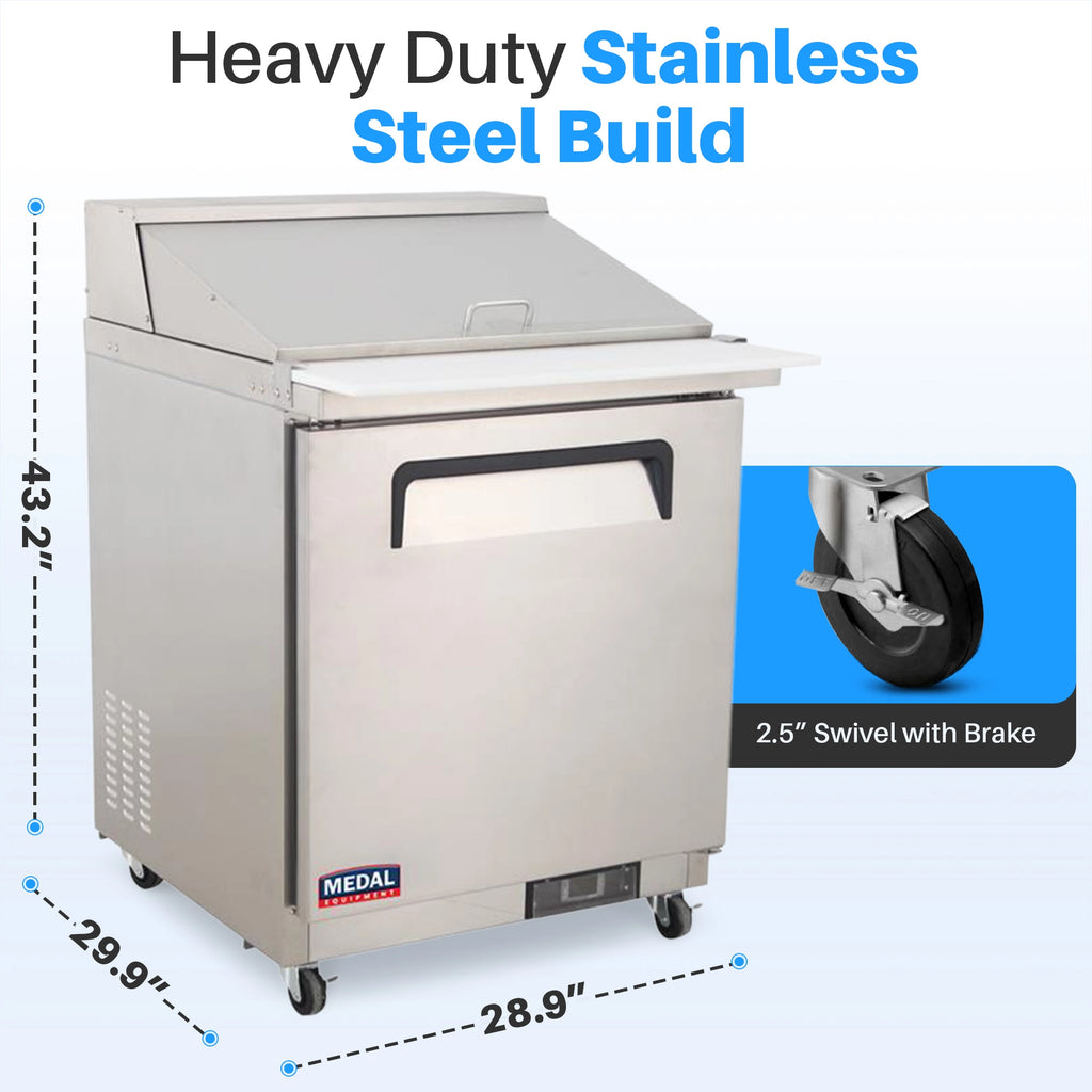 Medal Equipment 29" Mega Top Sandwich / Salad Prep Table, 1 Door, 12 Pans, Stainless Steel, 3 Year Warranty