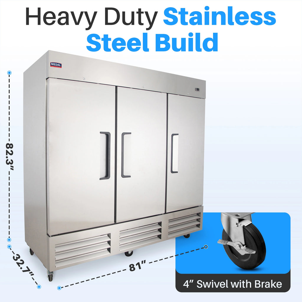 Medal Equipment 81" Reach-In Refrigerator, 3 Doors, 72 cu.ft., Stainless Steel, 3 Year Warranty