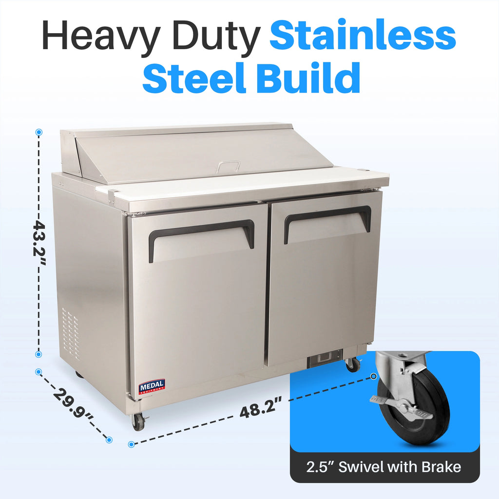 Medal Equipment 48" Sandwich / Salad Prep Table, 2 Doors, 12 Pans, Stainless Steel, 3 Year Warranty
