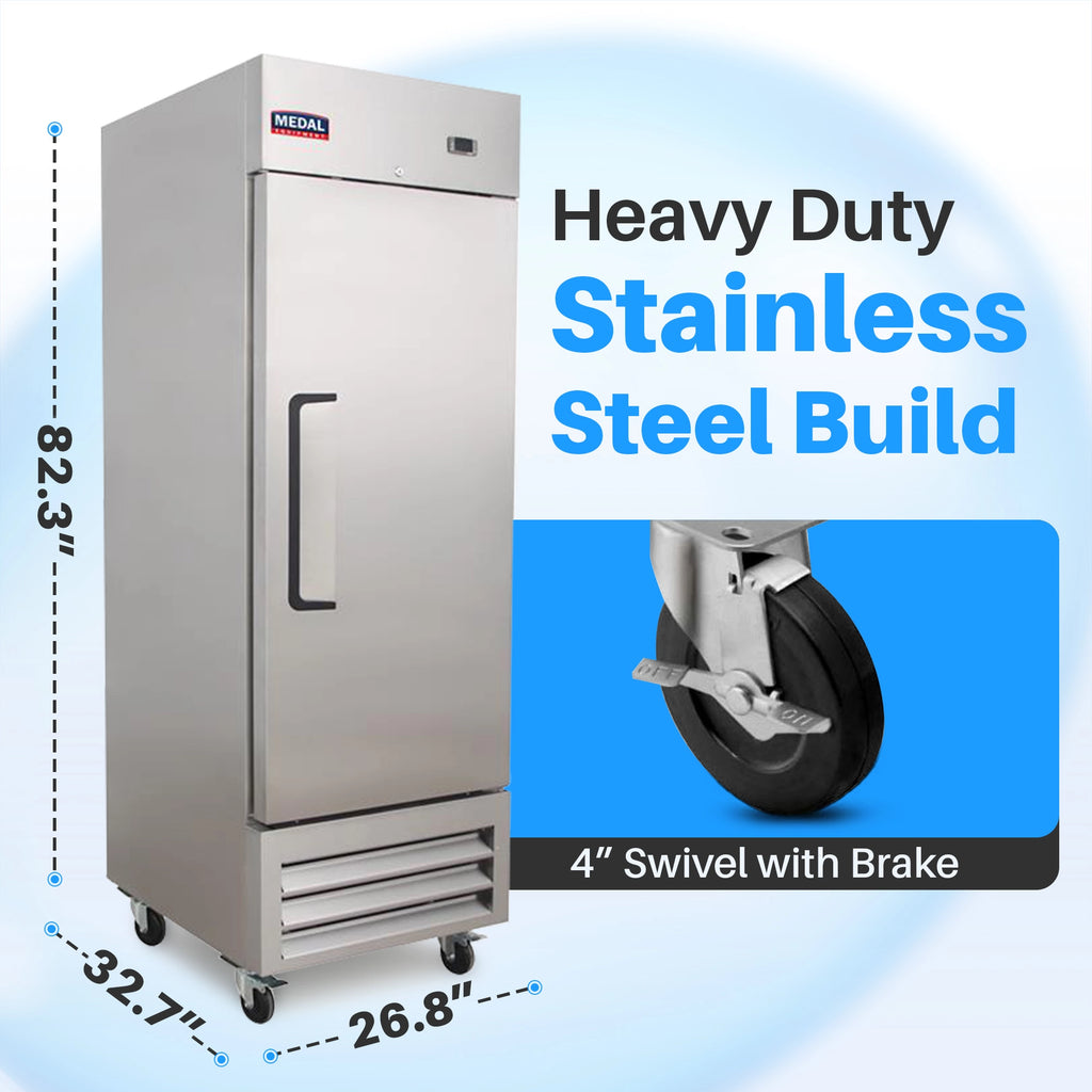 Medal Equipment 27" Reach-In Refrigerator, 1 Door, 23 cu.ft., Stainless Steel, 3 Year Warranty