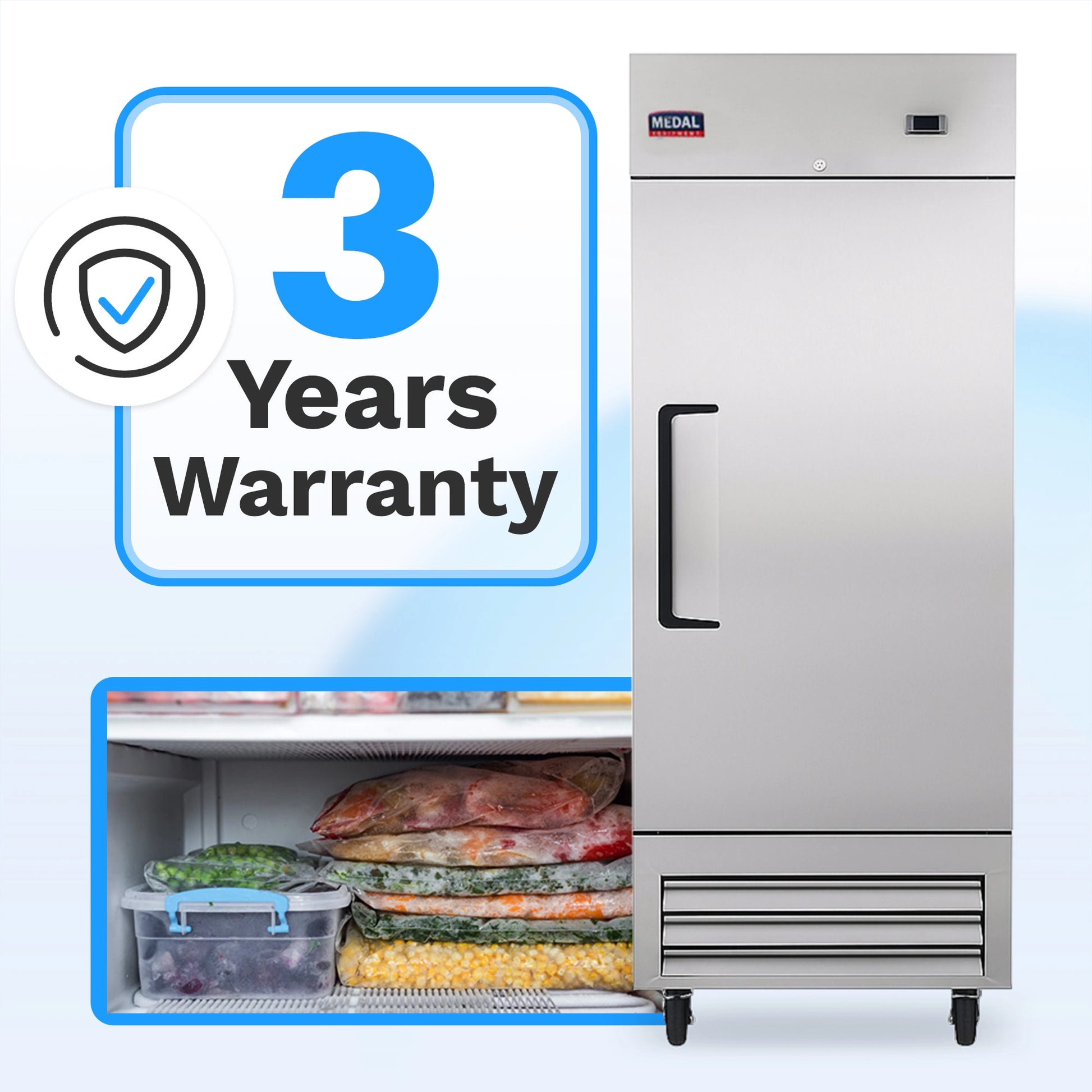 Medal Equipment 27" Reach-In Freezer, 1 Door, 23 cu.ft., Stainless Steel, 3 Year Warranty