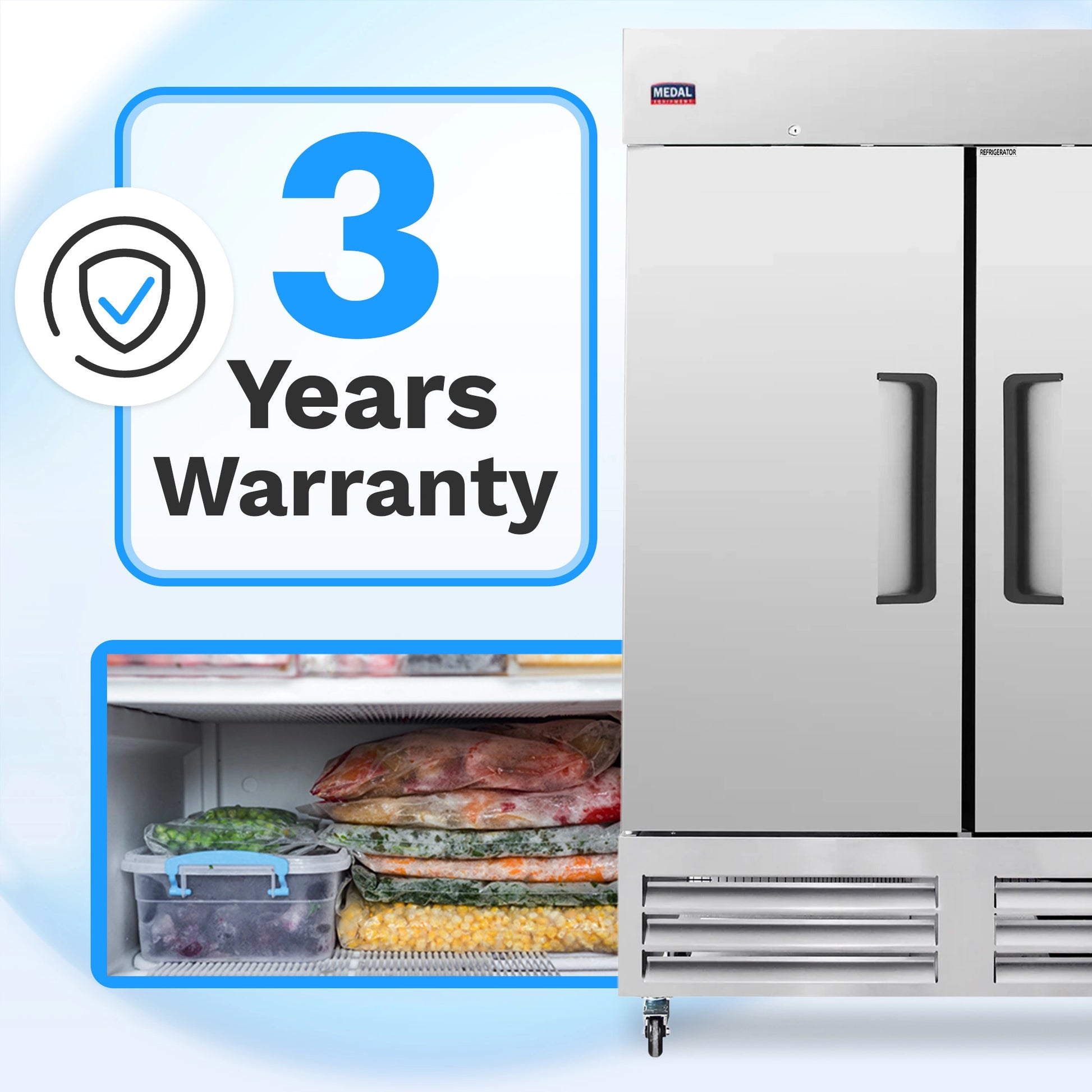 Medal Equipment 54" Reach-In Freezer, 2 Doors, 49 cu.ft., Stainless Steel, 3 Year Warranty