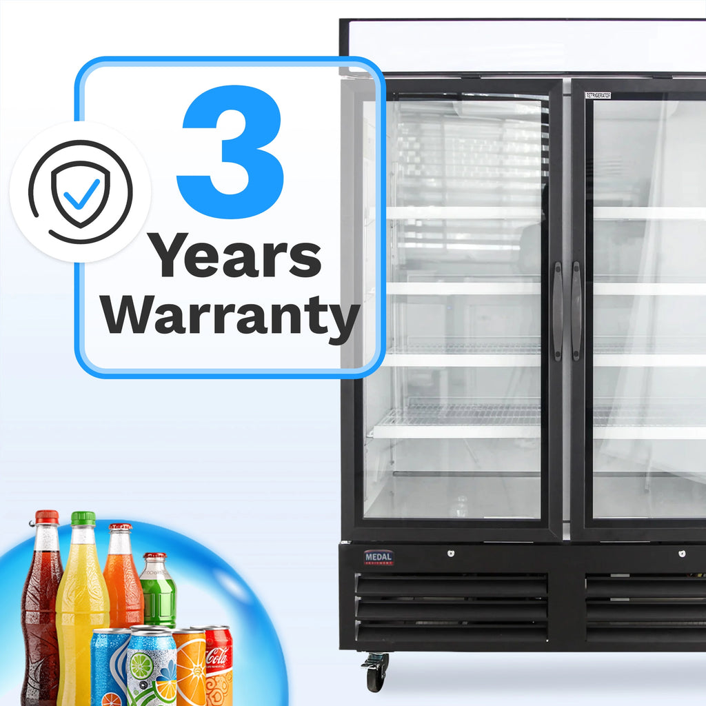 Medal Equipment 54" Reach-In Merchandiser Refrigerator, 2 Glass Doors, Black Powder Coated Steel, 3 Year Warranty
