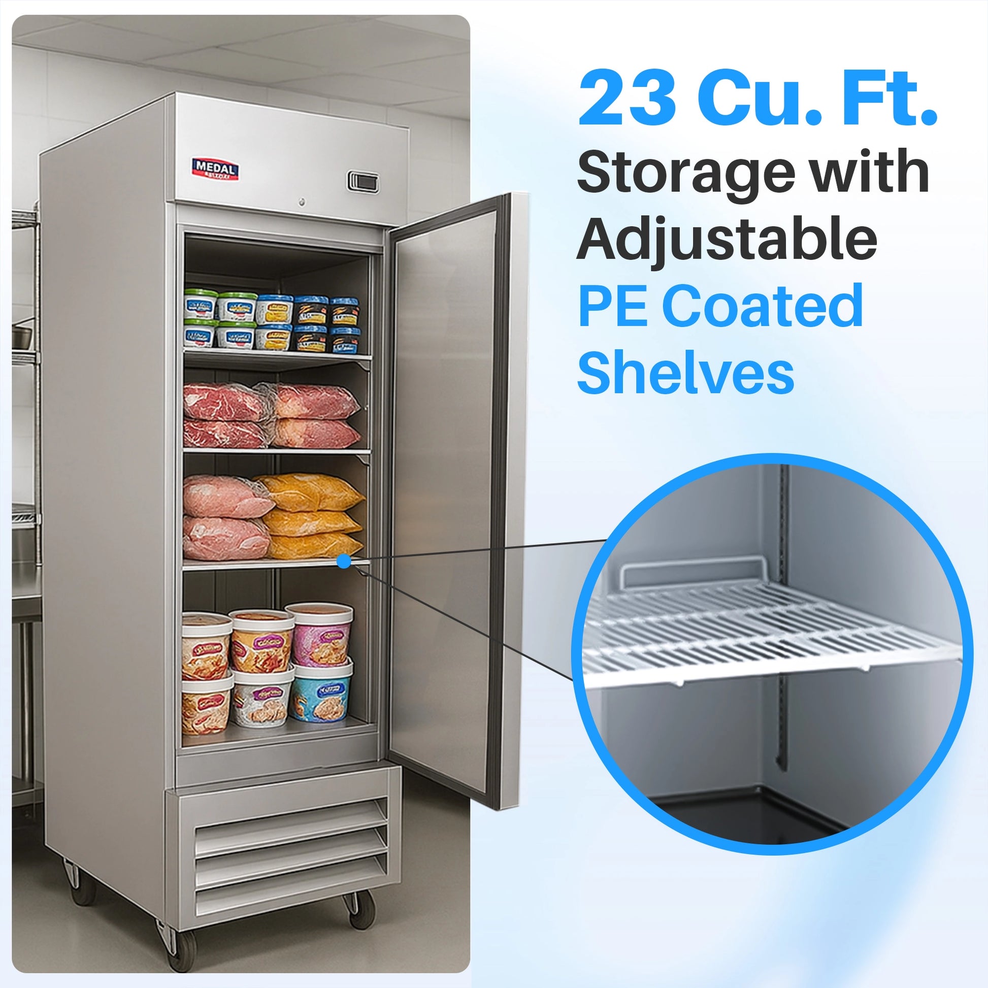 Medal Equipment 27" Reach-In Freezer, 1 Door, 23 cu.ft., Stainless Steel, 3 Year Warranty