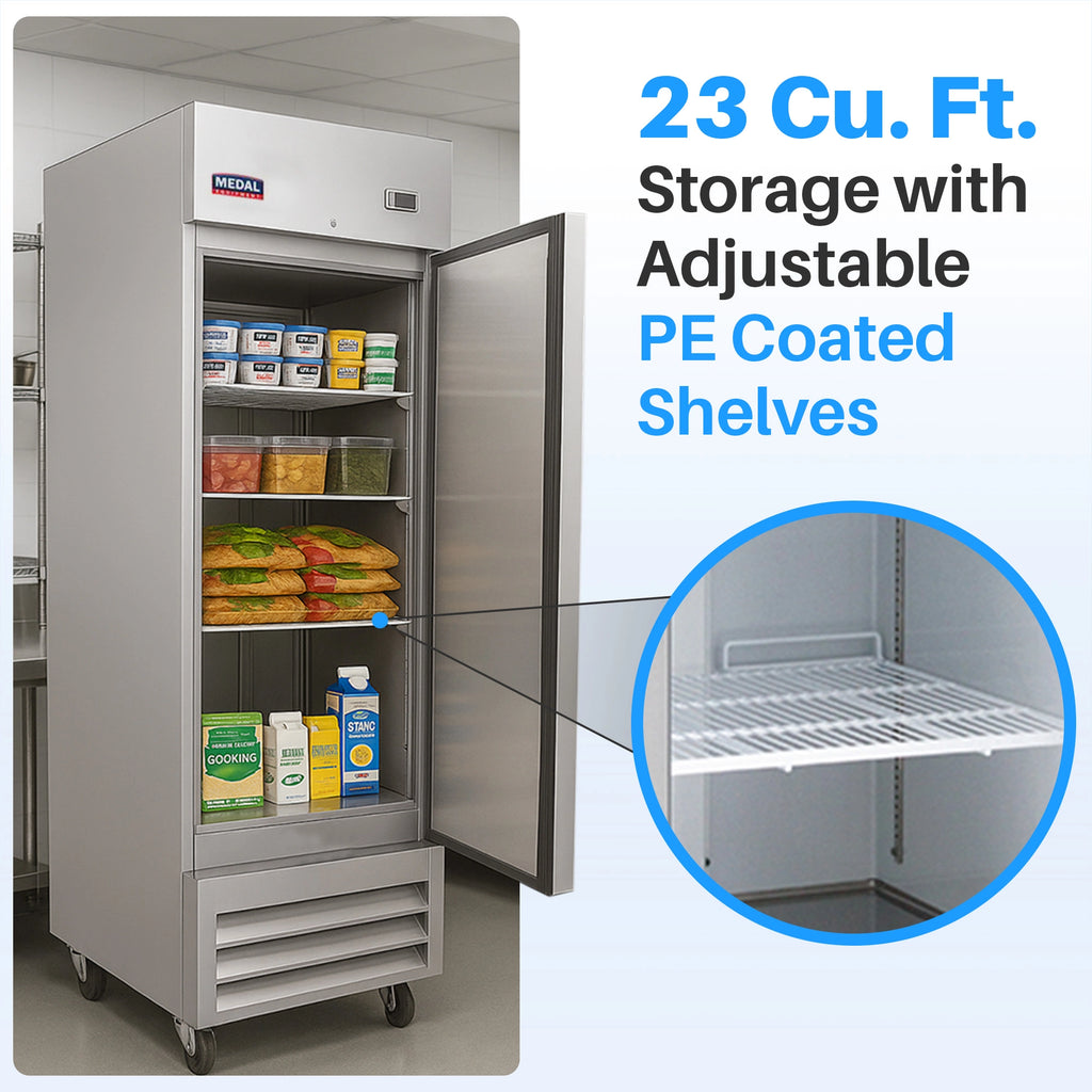 Medal Equipment 27" Reach-In Refrigerator, 1 Door, 23 cu.ft., Stainless Steel, 3 Year Warranty