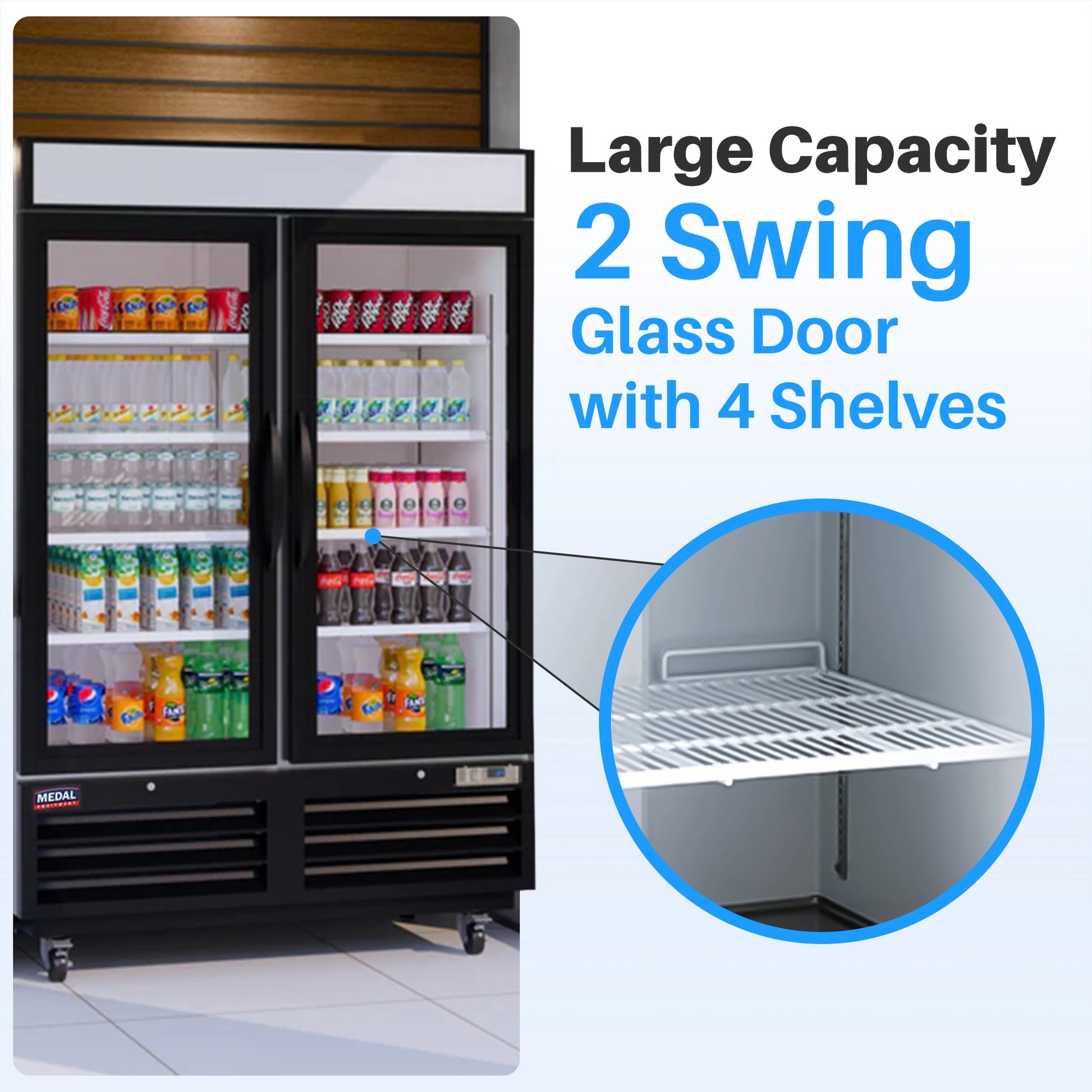 Medal Equipment 54" Reach-In Merchandiser Refrigerator, 2 Glass Doors, Black Powder Coated Steel, 3 Year Warranty