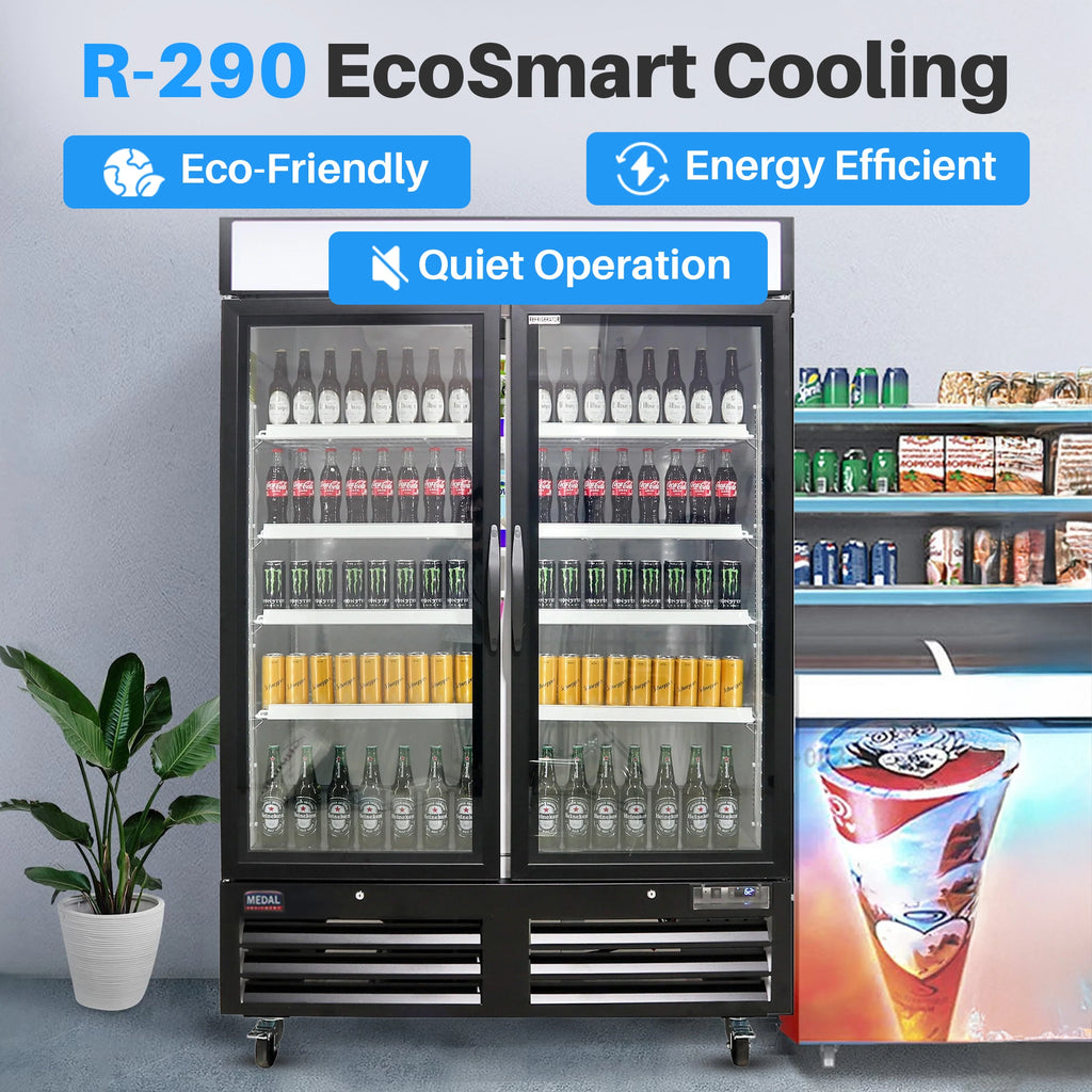 Medal Equipment 54" Reach-In Merchandiser Refrigerator, 2 Glass Doors, Black Powder Coated Steel, 3 Year Warranty