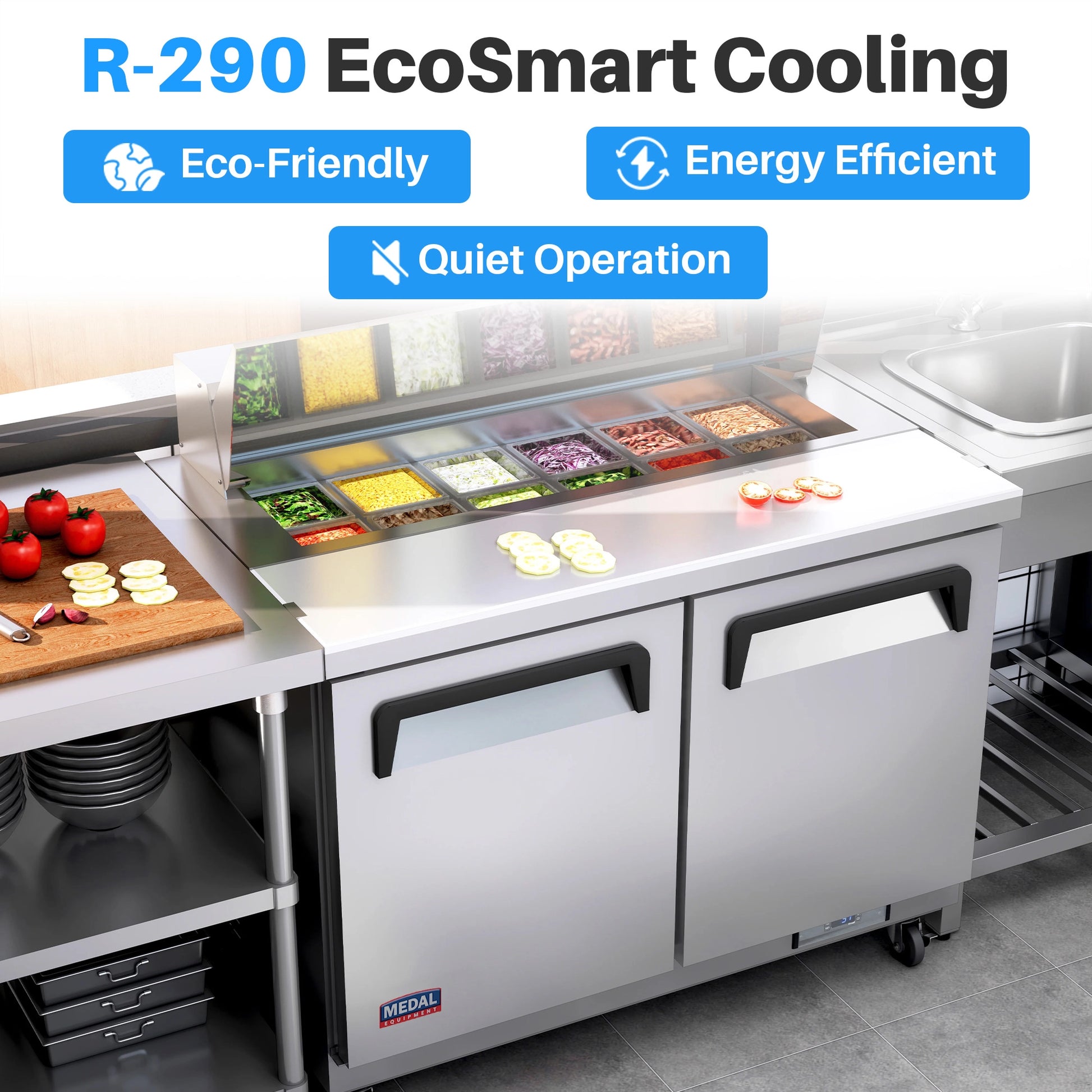 Medal Equipment 48" Sandwich / Salad Prep Table, 2 Doors, 12 Pans, Stainless Steel, 3 Year Warranty