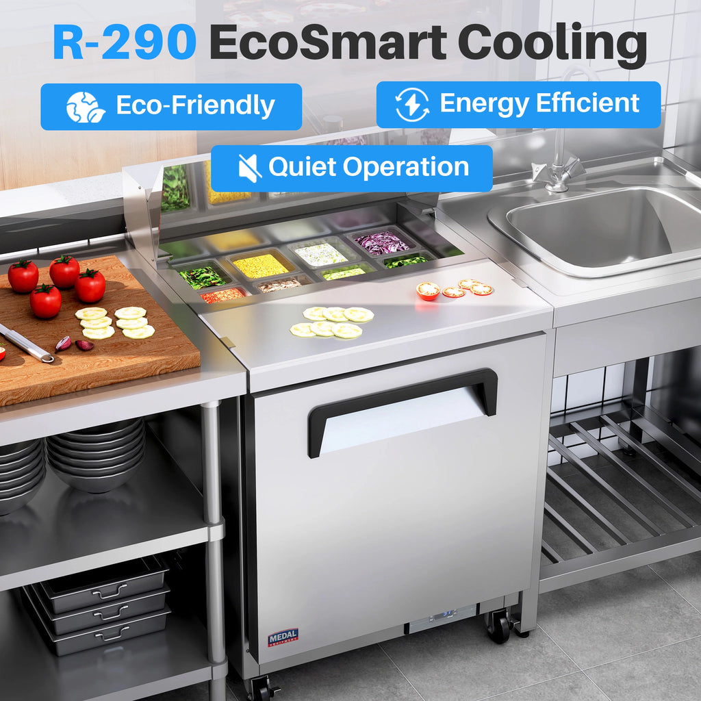 Medal Equipment 29" Mega Top Sandwich / Salad Prep Table, 1 Door, 12 Pans, Stainless Steel, 3 Year Warranty