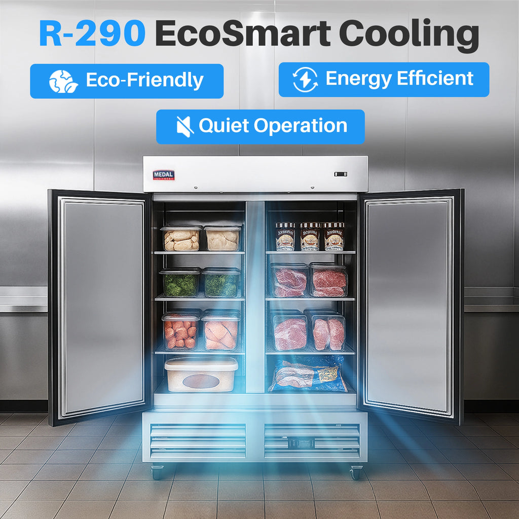 Medal Equipment 54" Reach-In Freezer, 2 Doors, 49 cu.ft., Stainless Steel, 3 Year Warranty