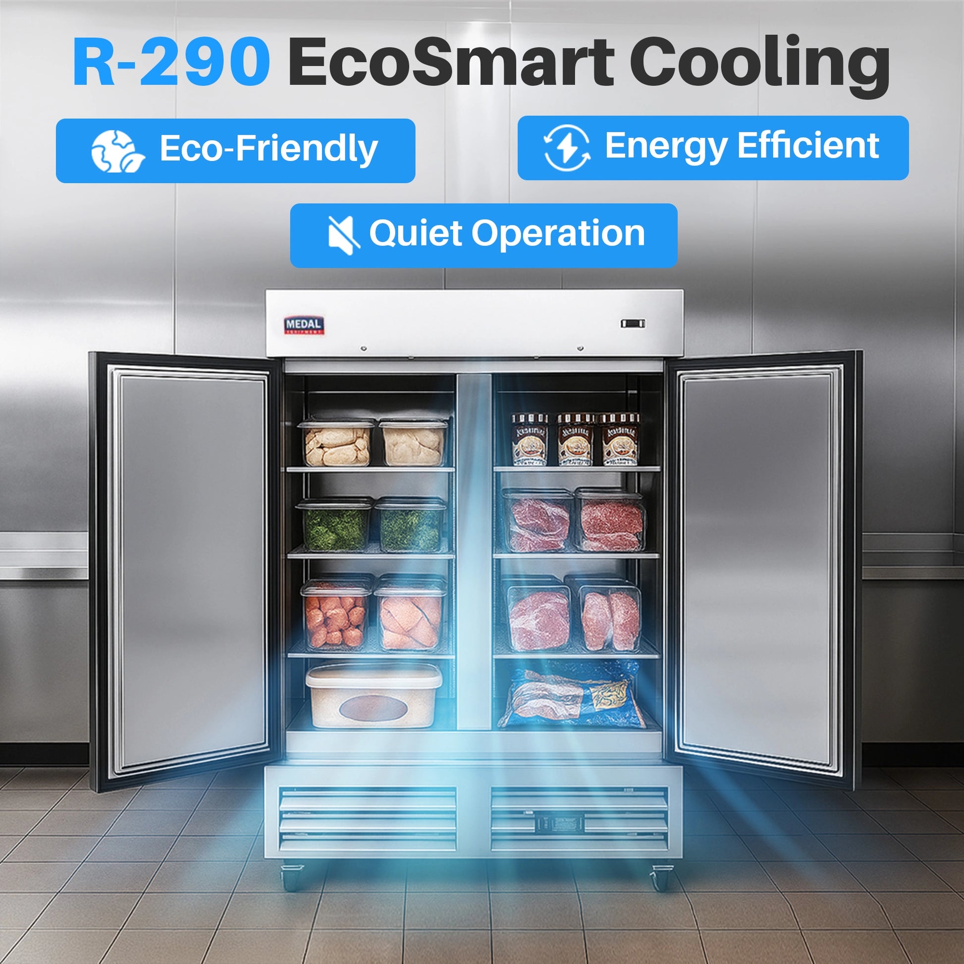 Medal Equipment 54" Reach-In Freezer, 2 Doors, 49 cu.ft., Stainless Steel, 3 Year Warranty