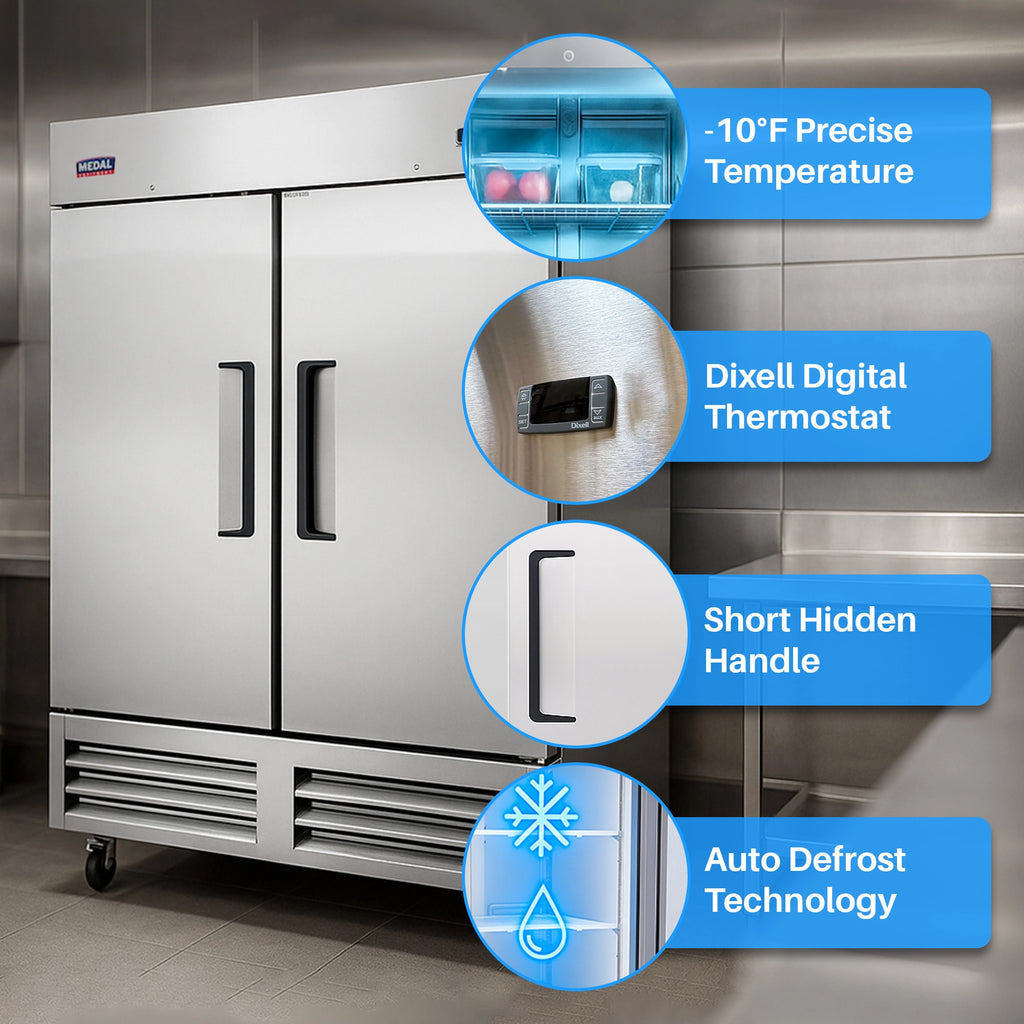 Medal Equipment 54" Reach-In Freezer, 2 Doors, 49 cu.ft., Stainless Steel, 3 Year Warranty