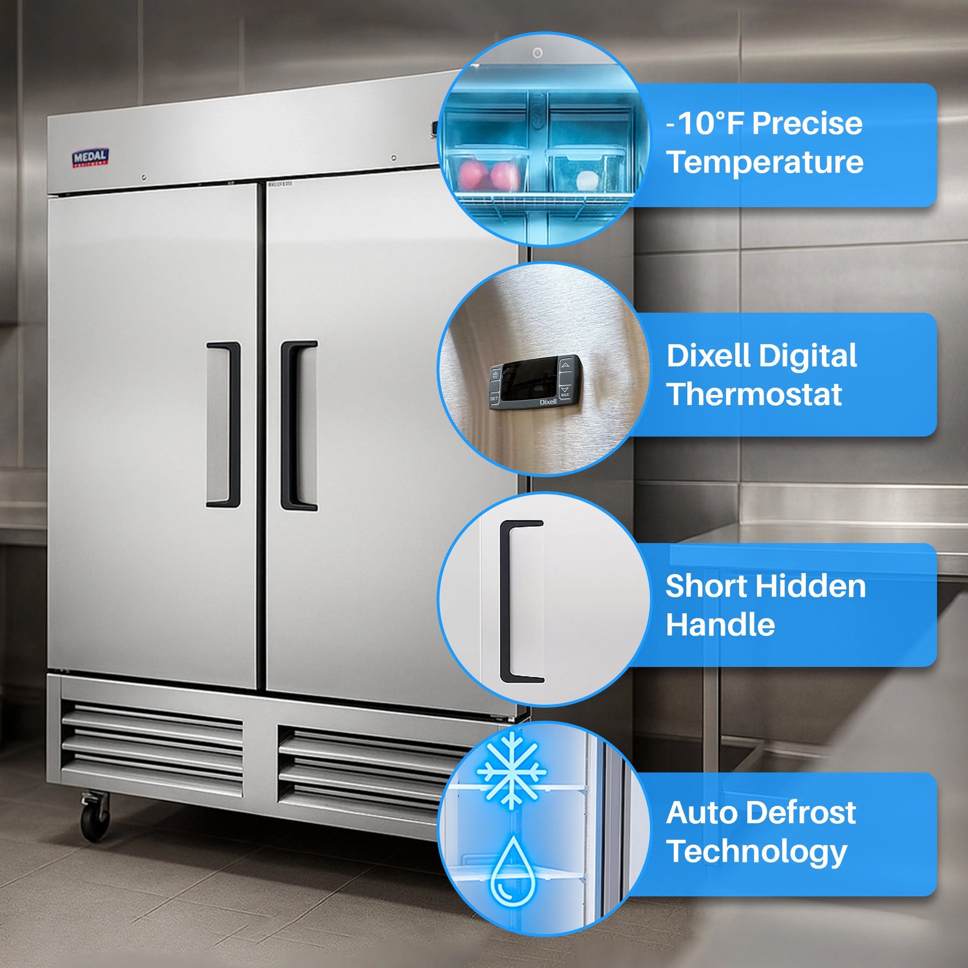 Medal Equipment 54" Reach-In Freezer, 2 Doors, 49 cu.ft., Stainless Steel, 3 Year Warranty