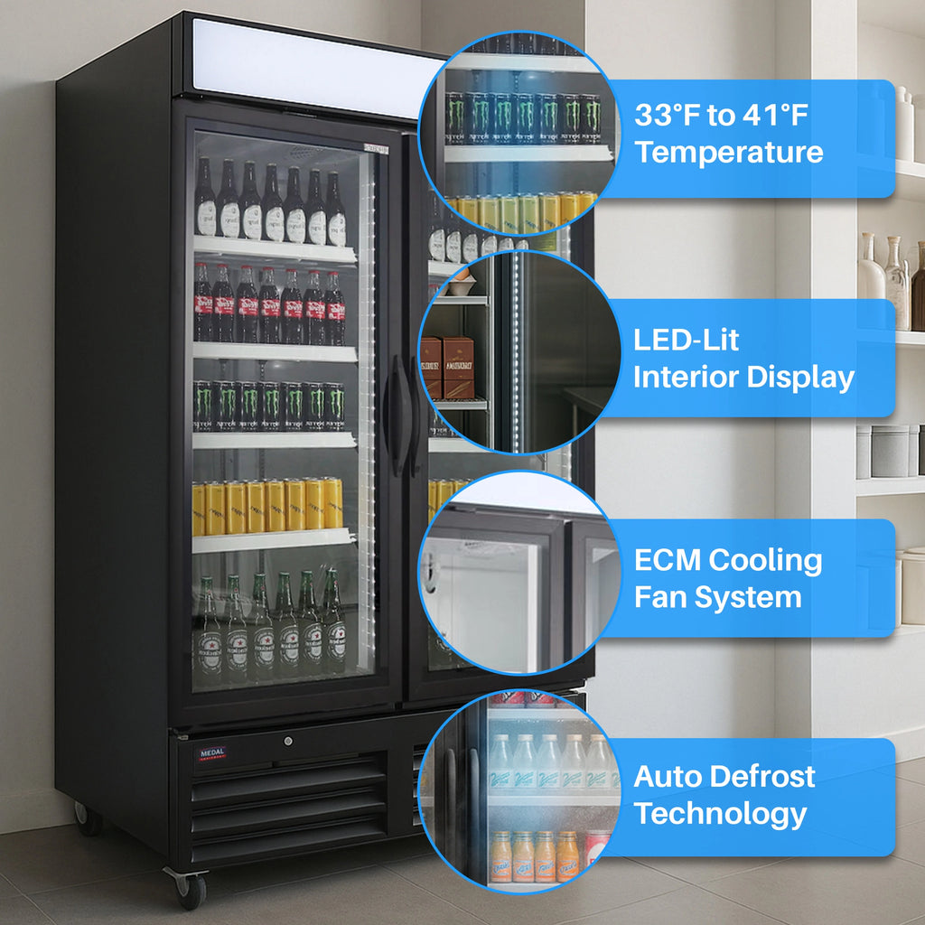 Medal Equipment 54" Reach-In Merchandiser Refrigerator, 2 Glass Doors, Black Powder Coated Steel, 3 Year Warranty
