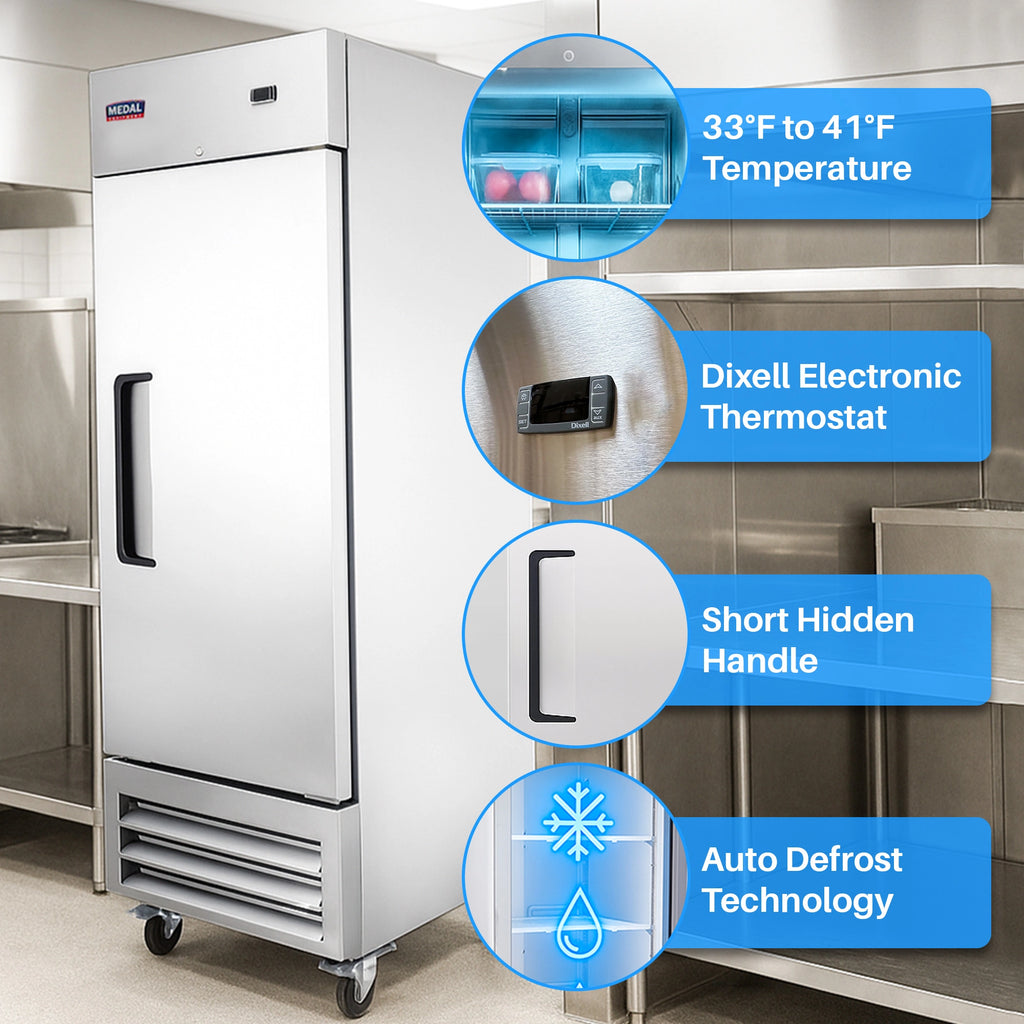 Medal Equipment 27" Reach-In Refrigerator, 1 Door, 23 cu.ft., Stainless Steel, 3 Year Warranty