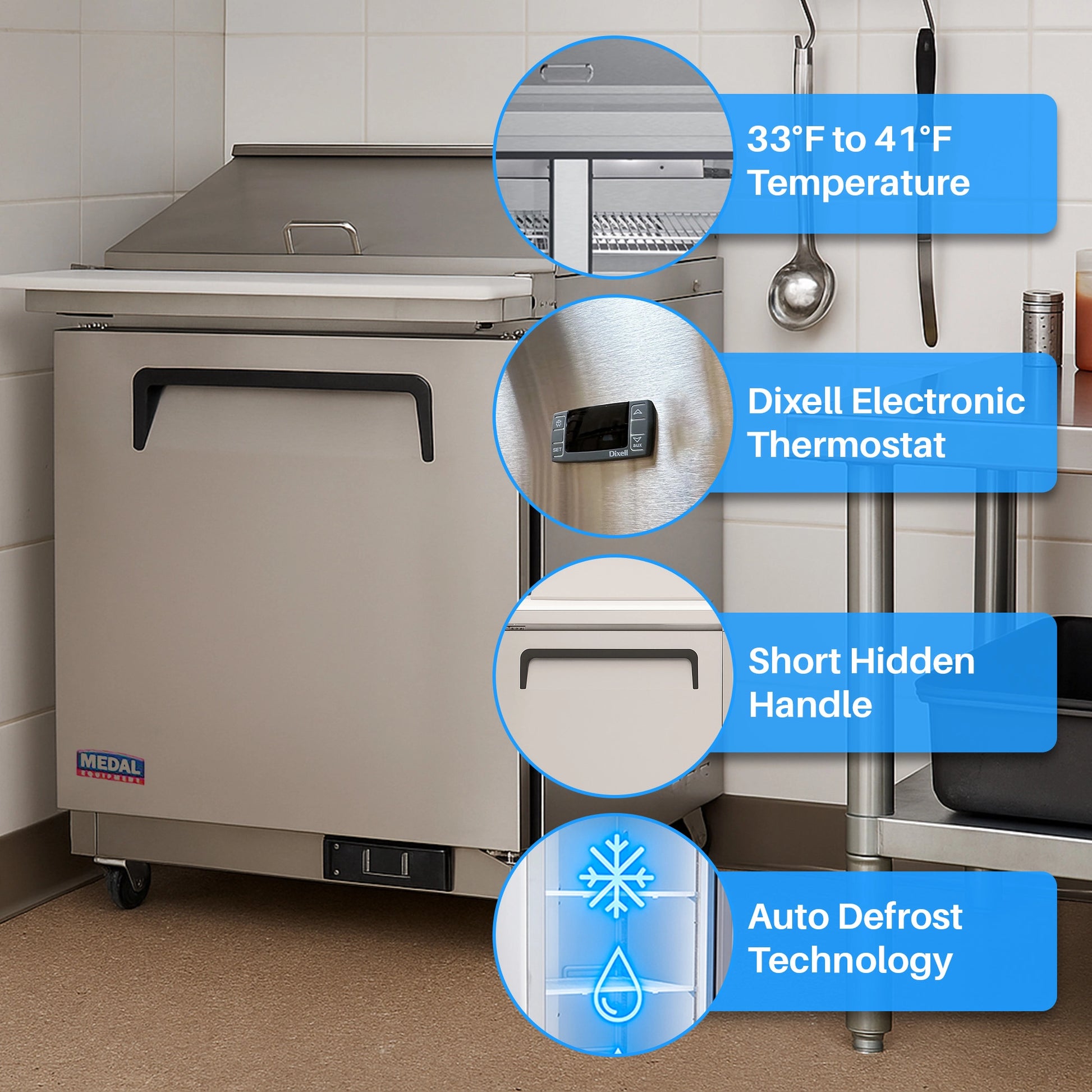 Medal Equipment 29" Mega Top Sandwich / Salad Prep Table, 1 Door, 12 Pans, Stainless Steel, 3 Year Warranty