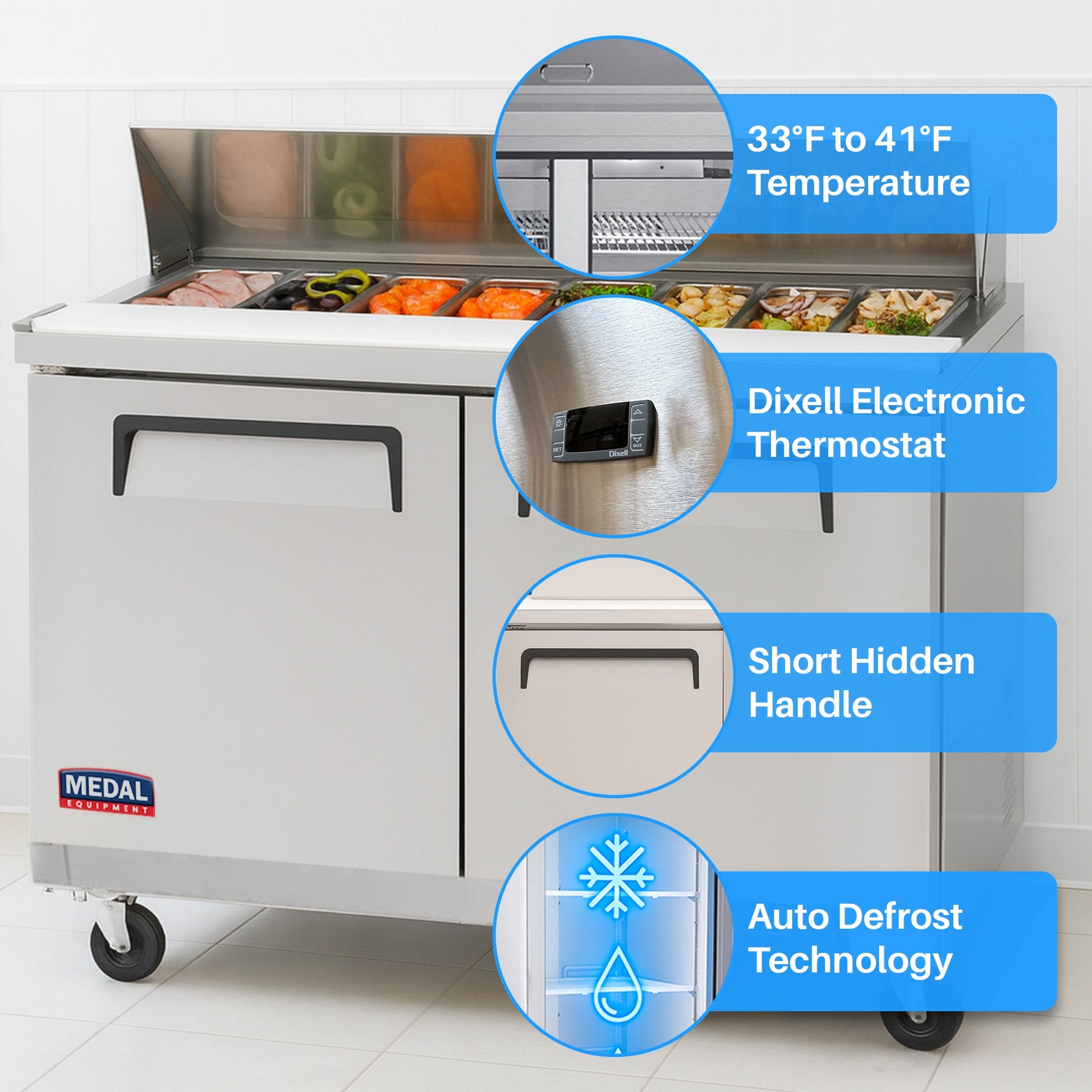 Medal Equipment 48" Sandwich / Salad Prep Table, 2 Doors, 12 Pans, Stainless Steel, 3 Year Warranty