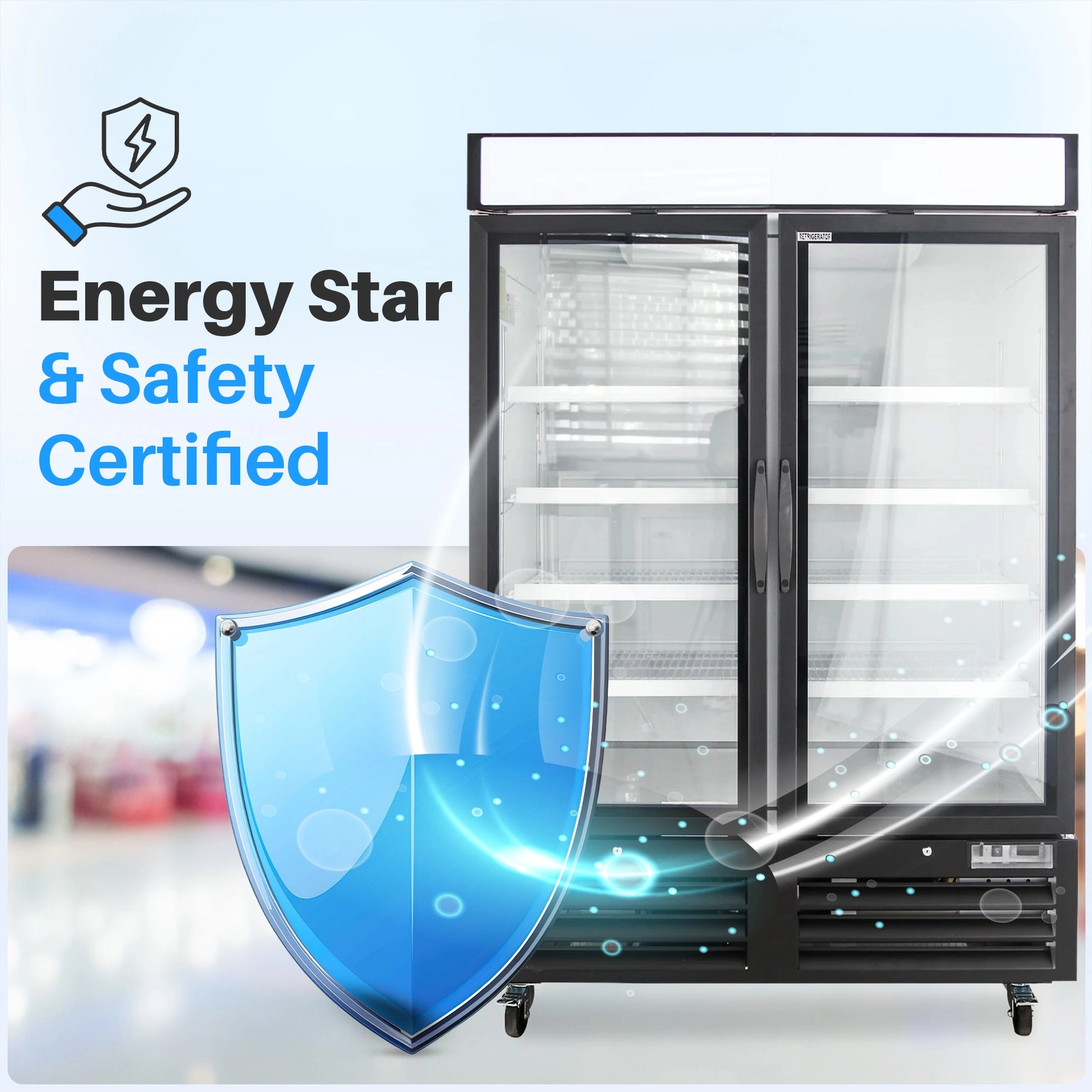 Medal Equipment 54" Reach-In Merchandiser Refrigerator, 2 Glass Doors, Black Powder Coated Steel, 3 Year Warranty