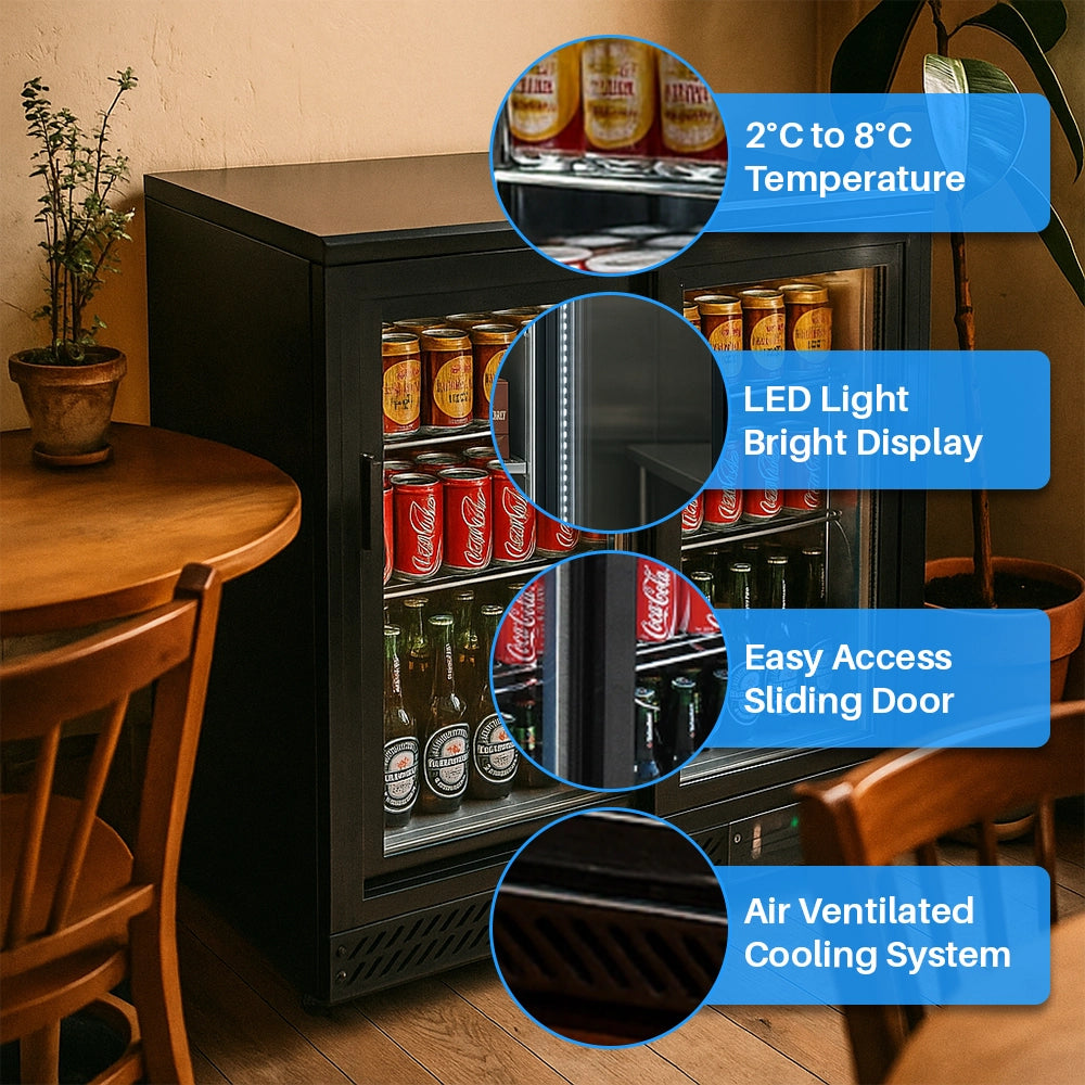 Medal bar cooler - 202l, 2 sliding glass door, black, led lighting, eco-friendly, 5-year warranty