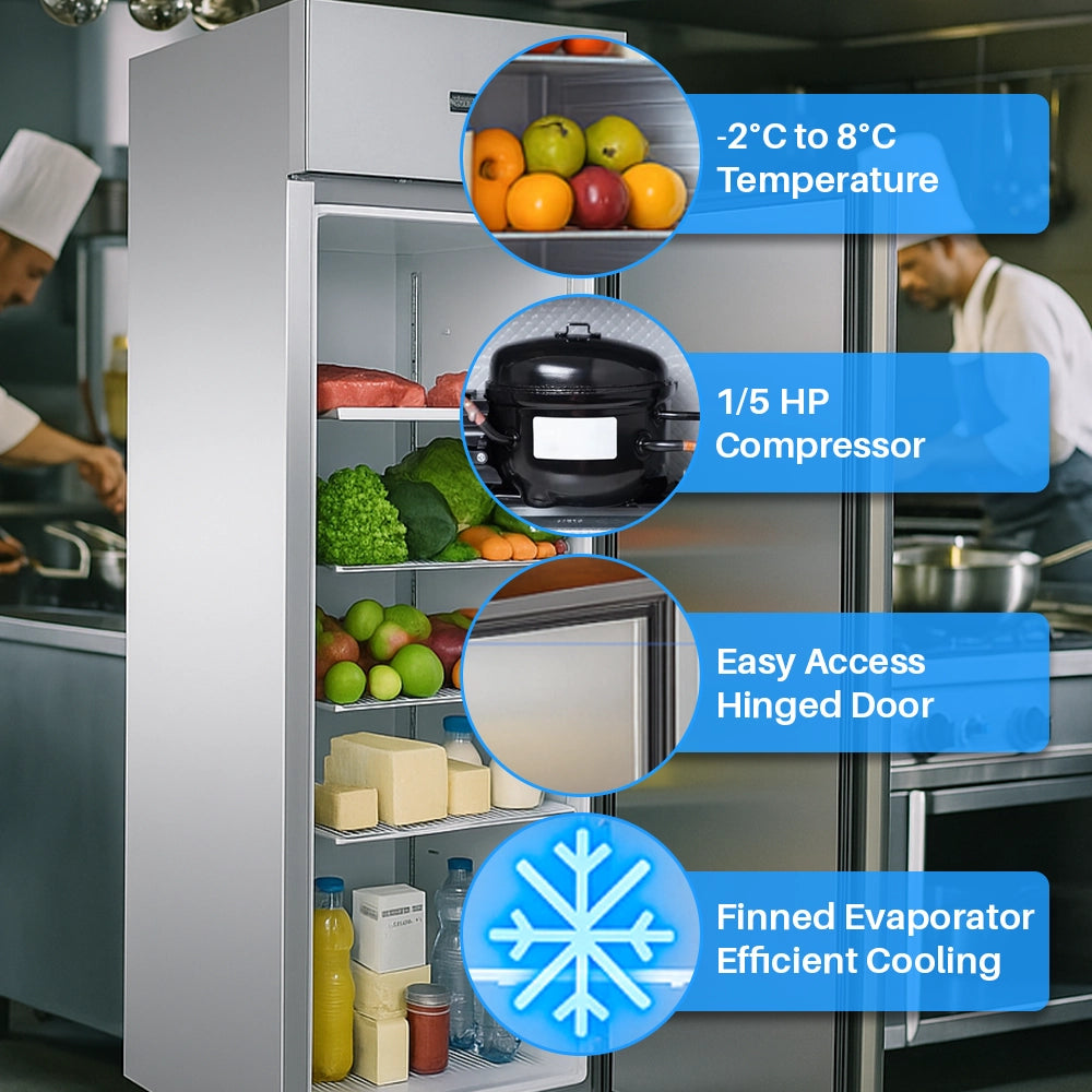 Medal upright chiller ss304 - 685l, single door, +2°c to +8°c, 5-yr warranty