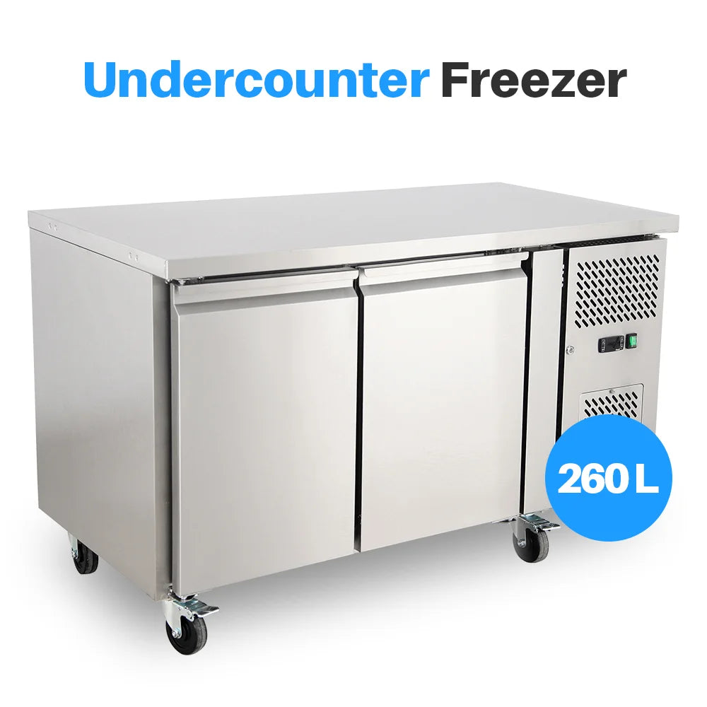 Medal under counter freezer ss304 - 260l, double door, -18°c, 5-yr warranty