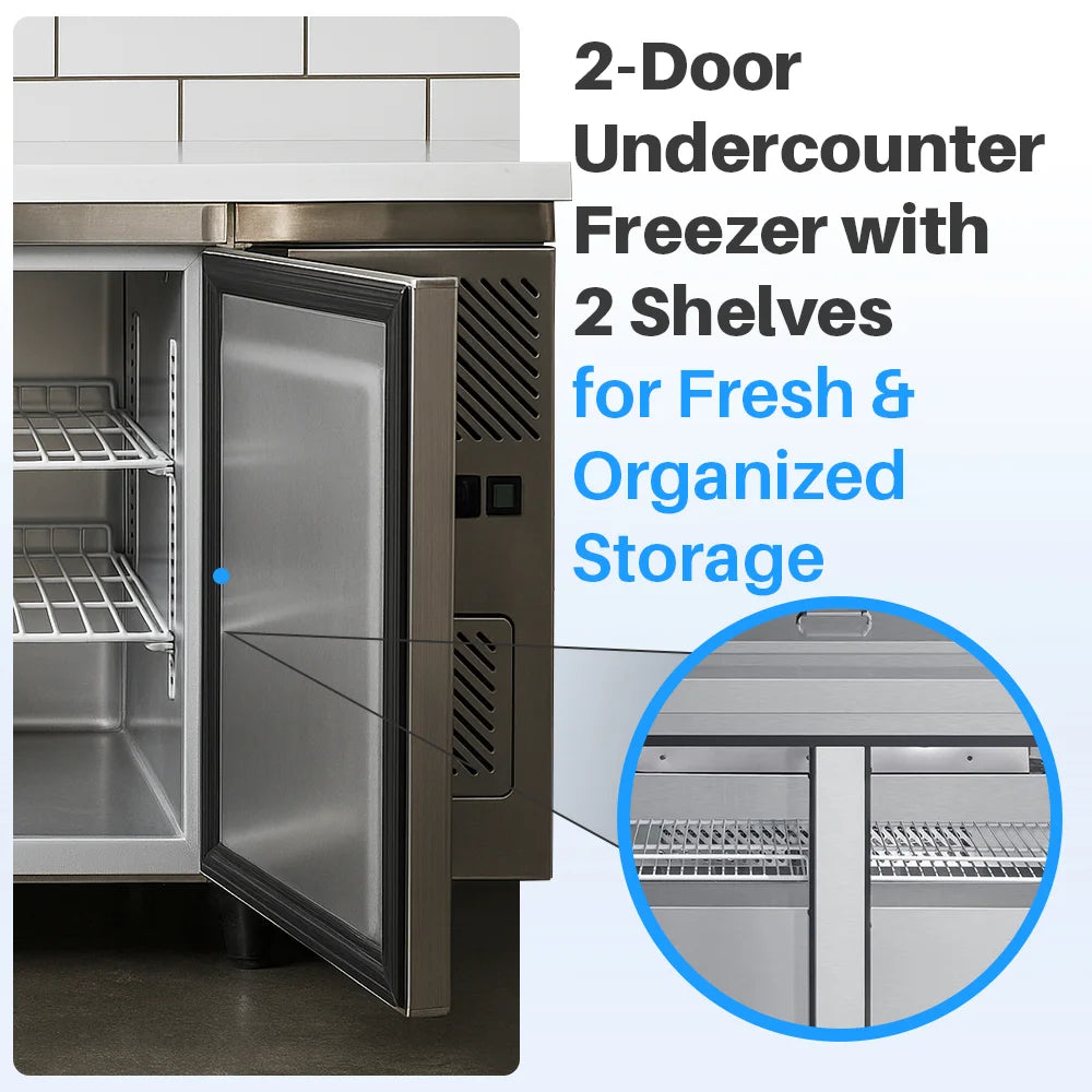 Medal under counter freezer ss304 - 260l, double door, -18°c, 5-yr warranty