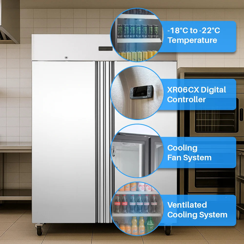 Medal upright freezer ss304 - 1173l, double door, -20°c, 5-yr warranty