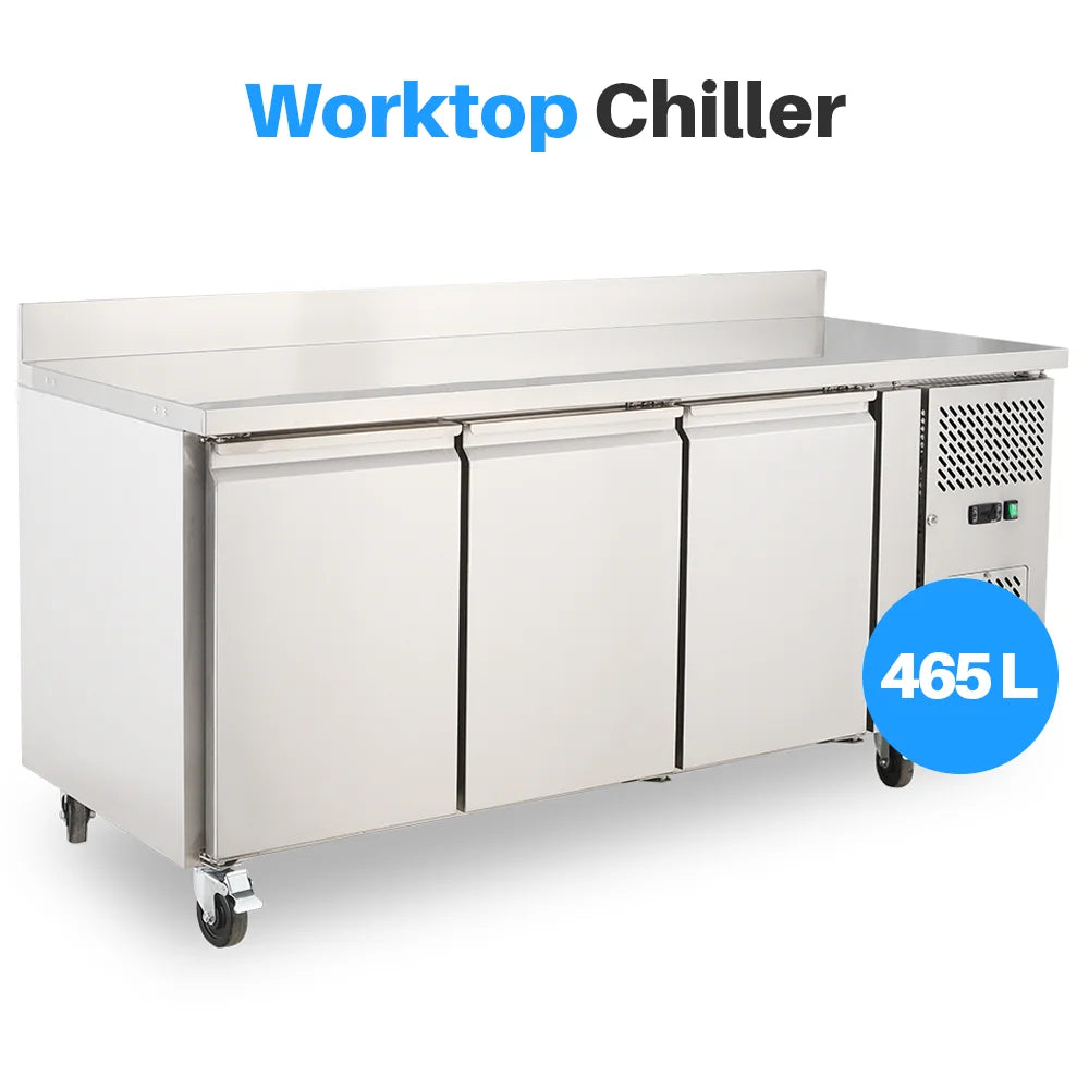 Medal worktop chiller ss304 - 465l, 3-door with backsplash, +2°c to +8°c, 5-yr warranty