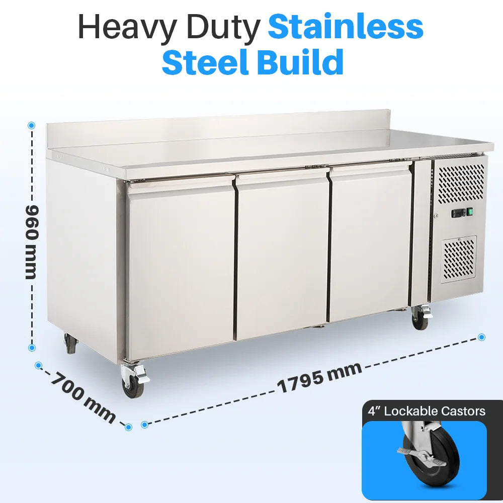 Medal worktop chiller ss304 - 465l, 3-door with backsplash, +2°c to +8°c, 5-yr warranty