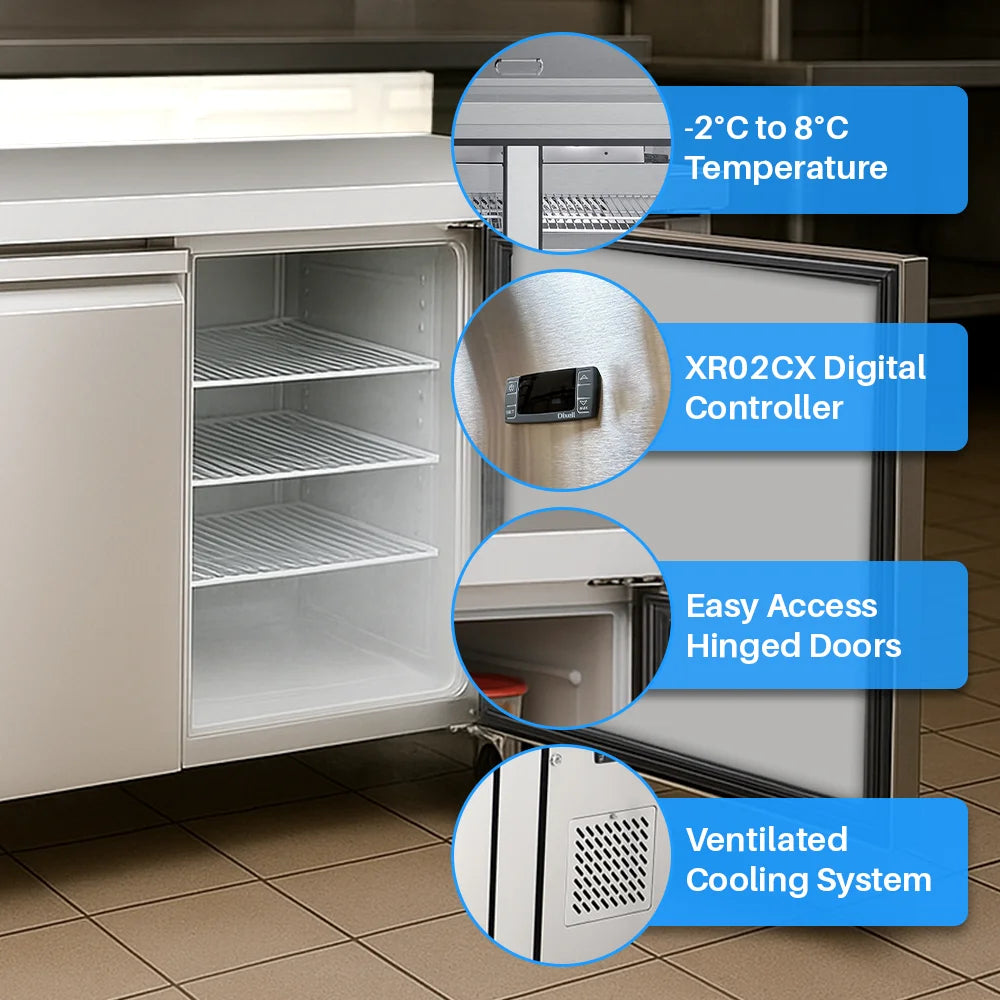 Medal worktop chiller ss304 - 465l, 3-door with backsplash, +2°c to +8°c, 5-yr warranty